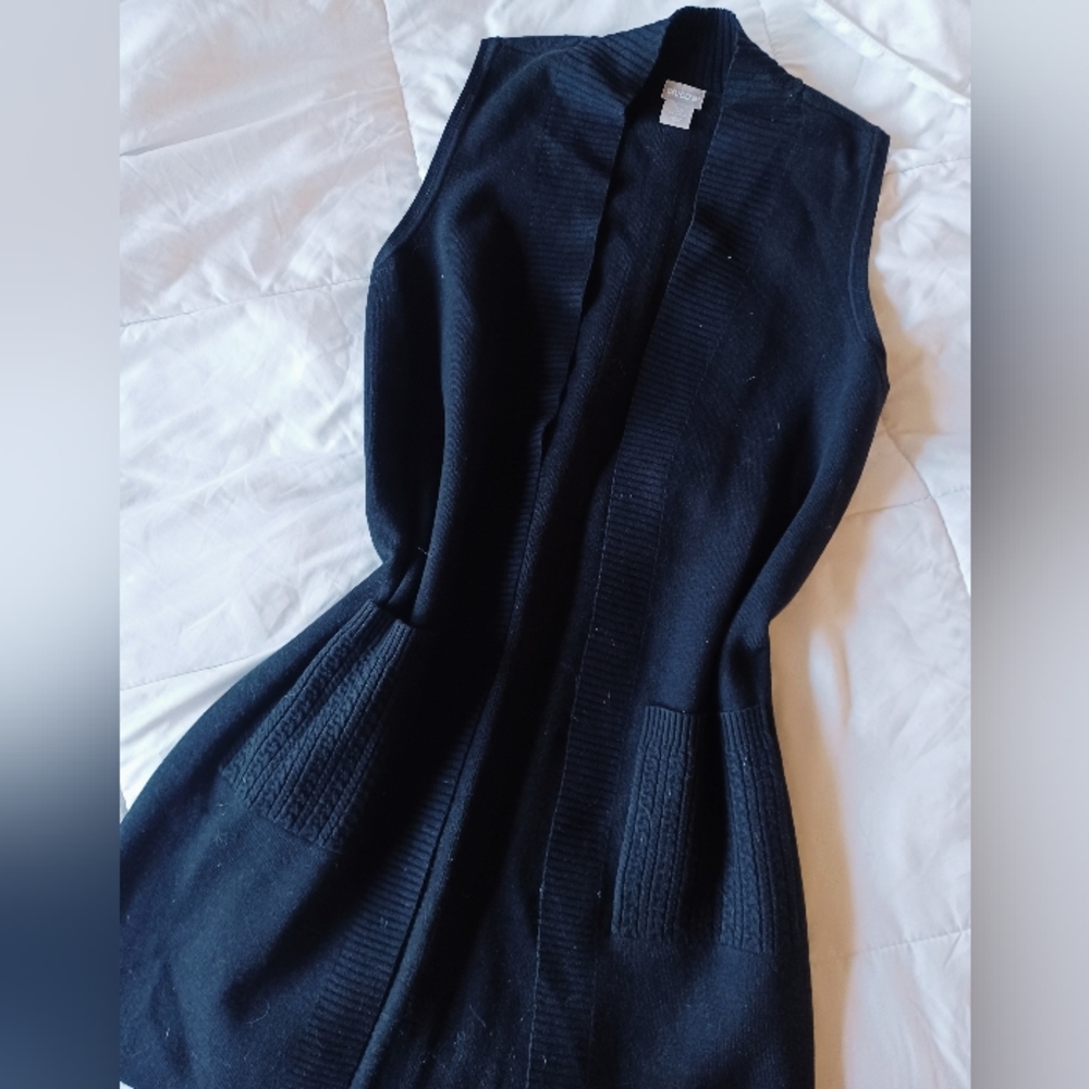 Chicos Open Knit Sweater Vest Cableknit Black Winter Office Minimalist Tunic